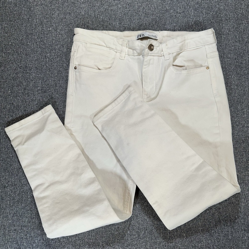 ZARA Women's White Skinny Jeans Size 10 High Rise Stretch Denim Gold Button - Picture 2 of 9